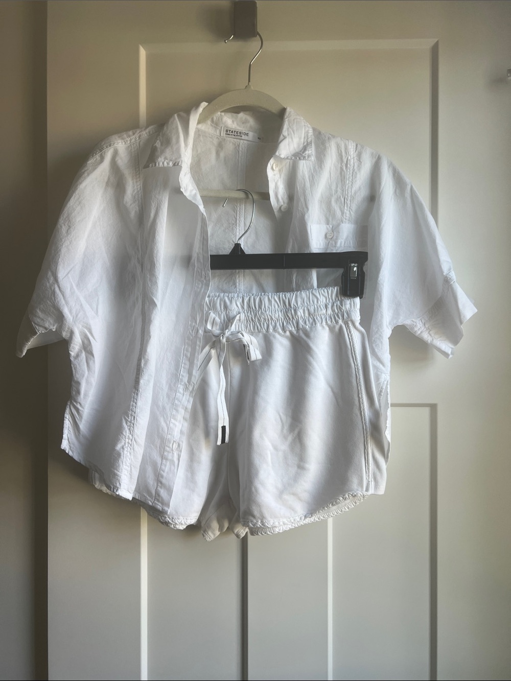 Stateside White Short Sleeve Button-Up Shirt and Drawstring Shorts Set